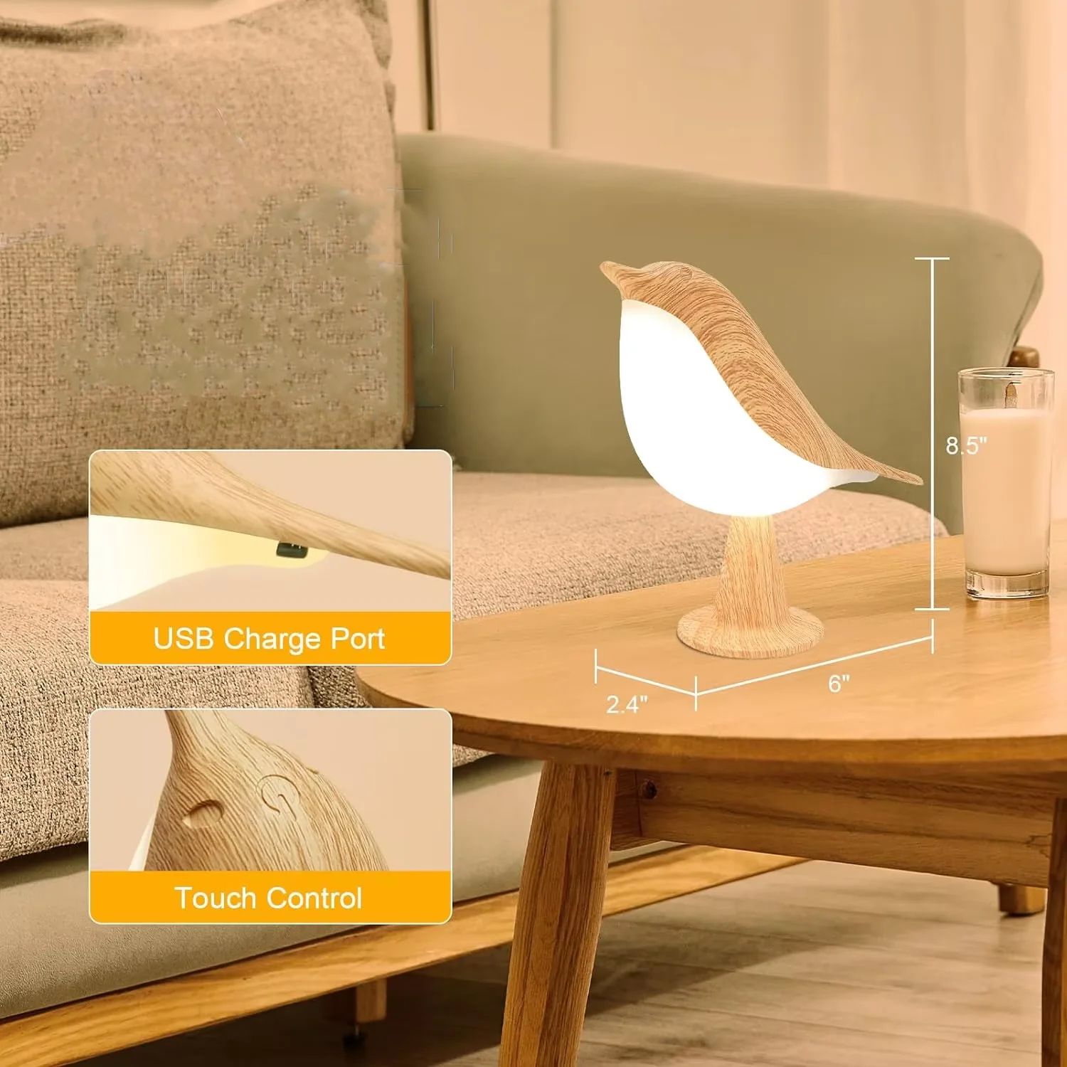 1pc LED Touch-Control Bird Lamp - Art Deco, 3-Levels Dimmable, USB-Cordless with Rechargeable Battery, Versatile for All Rooms