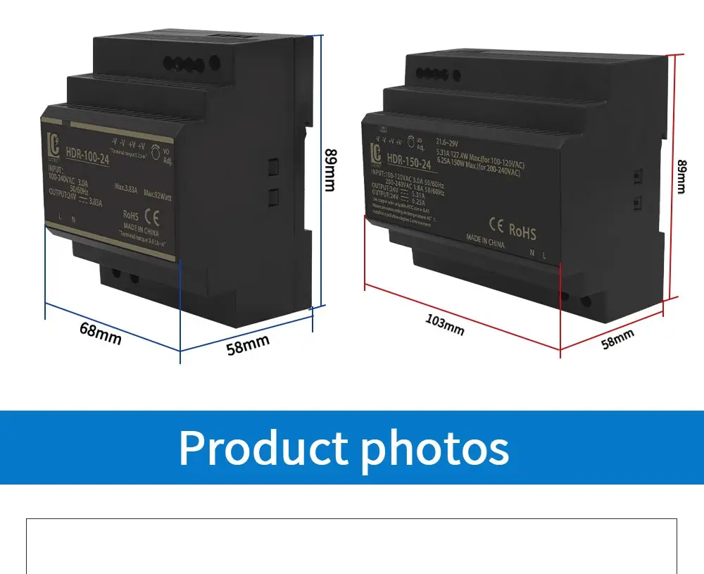 Switching Power Supply 5V/12V/24V/48V DIN Rail Power Supply AC to DC HDR-15/30/60/100/150W LED DC Switching Power Supply