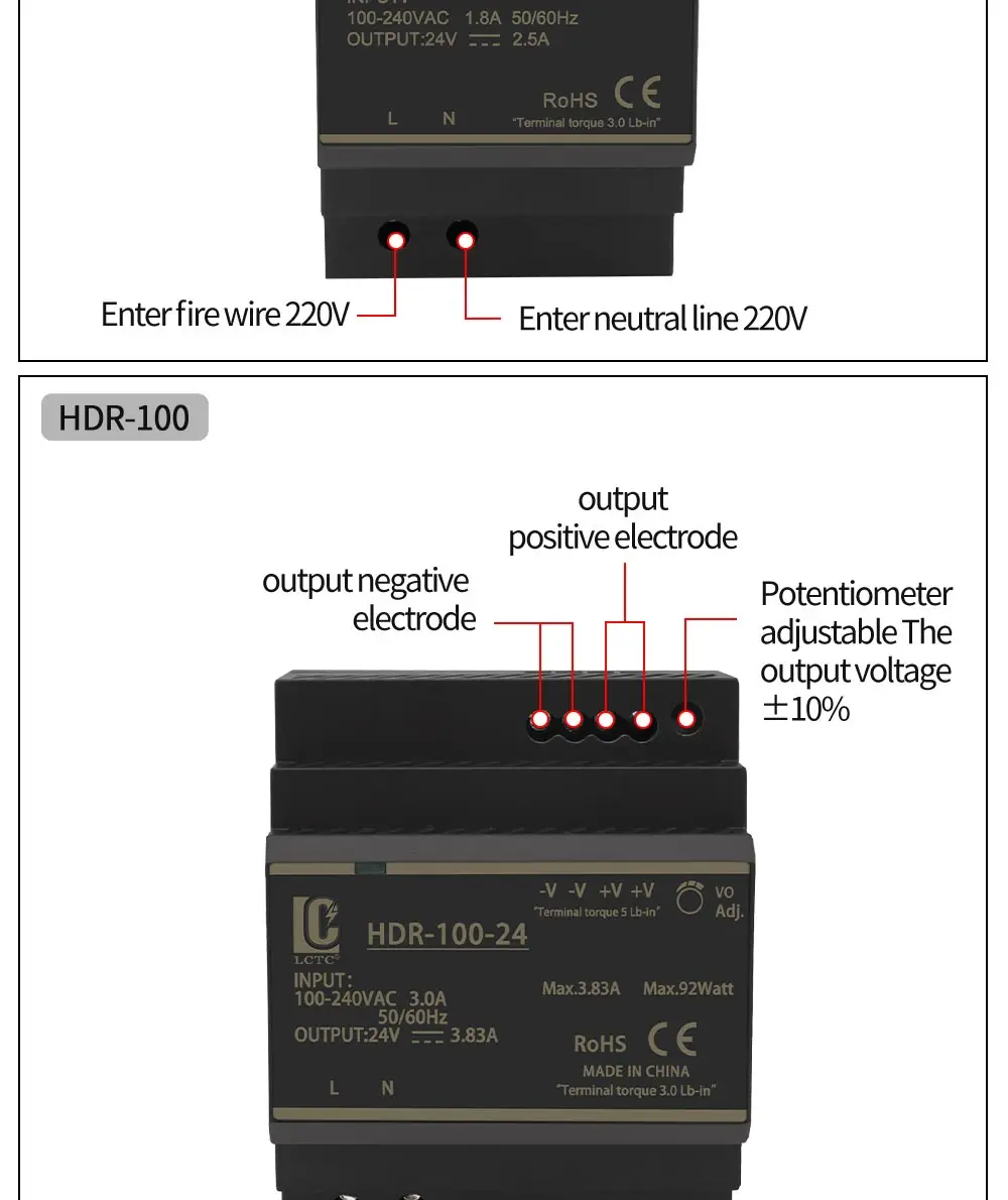 Switching Power Supply 5V/12V/24V/48V DIN Rail Power Supply AC to DC HDR-15/30/60/100/150W LED DC Switching Power Supply