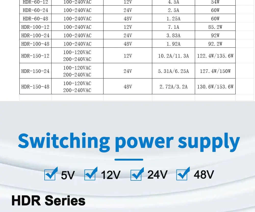 Switching Power Supply 5V/12V/24V/48V DIN Rail Power Supply AC to DC HDR-15/30/60/100/150W LED DC Switching Power Supply