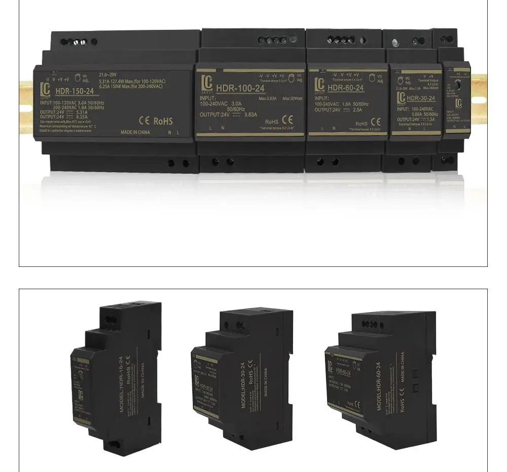 Switching Power Supply 5V/12V/24V/48V DIN Rail Power Supply AC to DC HDR-15/30/60/100/150W LED DC Switching Power Supply