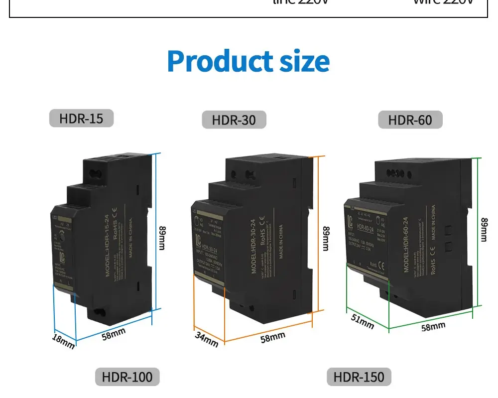 Switching Power Supply 5V/12V/24V/48V DIN Rail Power Supply AC to DC HDR-15/30/60/100/150W LED DC Switching Power Supply