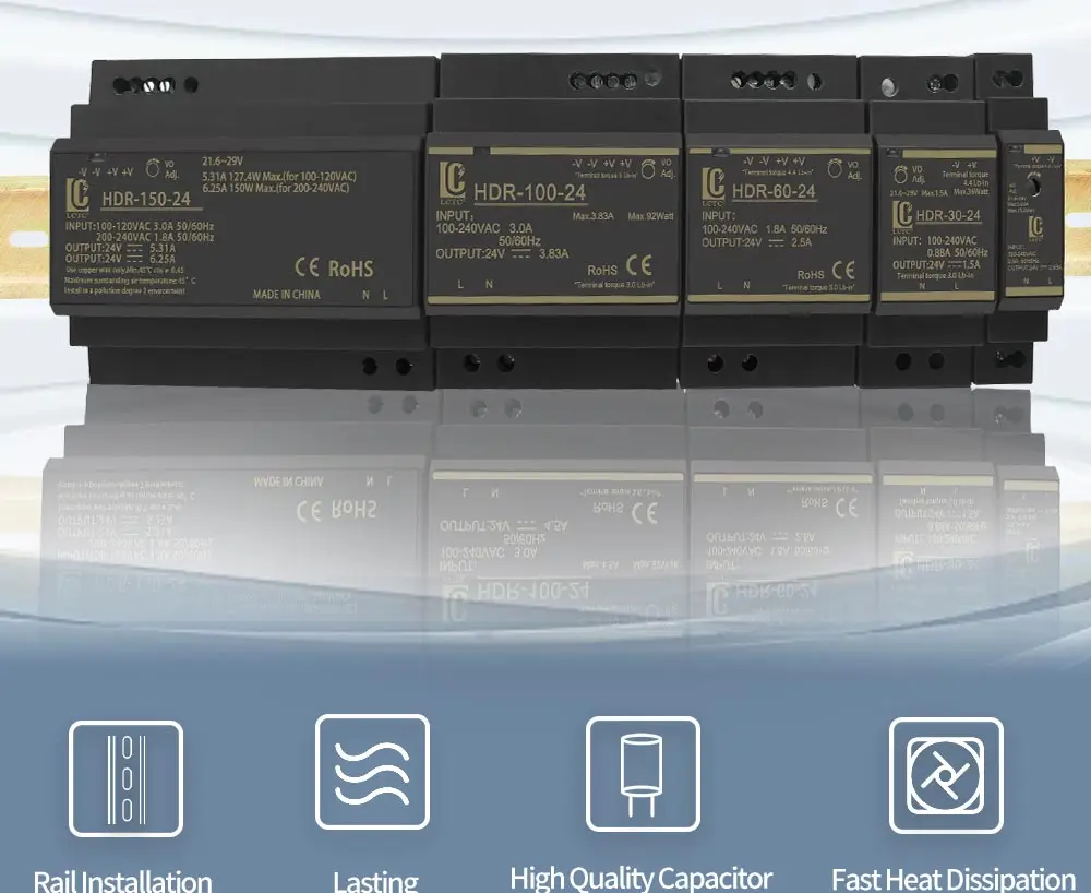 Switching Power Supply 5V/12V/24V/48V DIN Rail Power Supply AC to DC HDR-15/30/60/100/150W LED DC Switching Power Supply