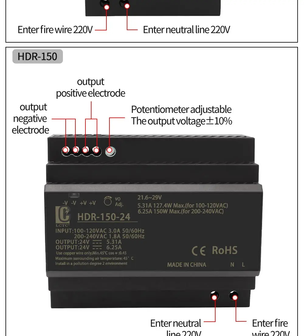 Switching Power Supply 5V/12V/24V/48V DIN Rail Power Supply AC to DC HDR-15/30/60/100/150W LED DC Switching Power Supply