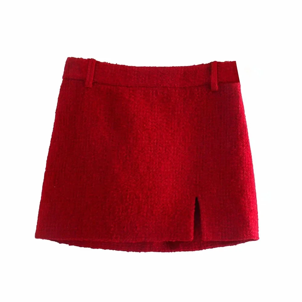 xikom 2021 Tweed Two pieces set Women red Vintage O Neck Long Sleeve Office Lady slim Blazer Coat Female Hight Waist skirt suit