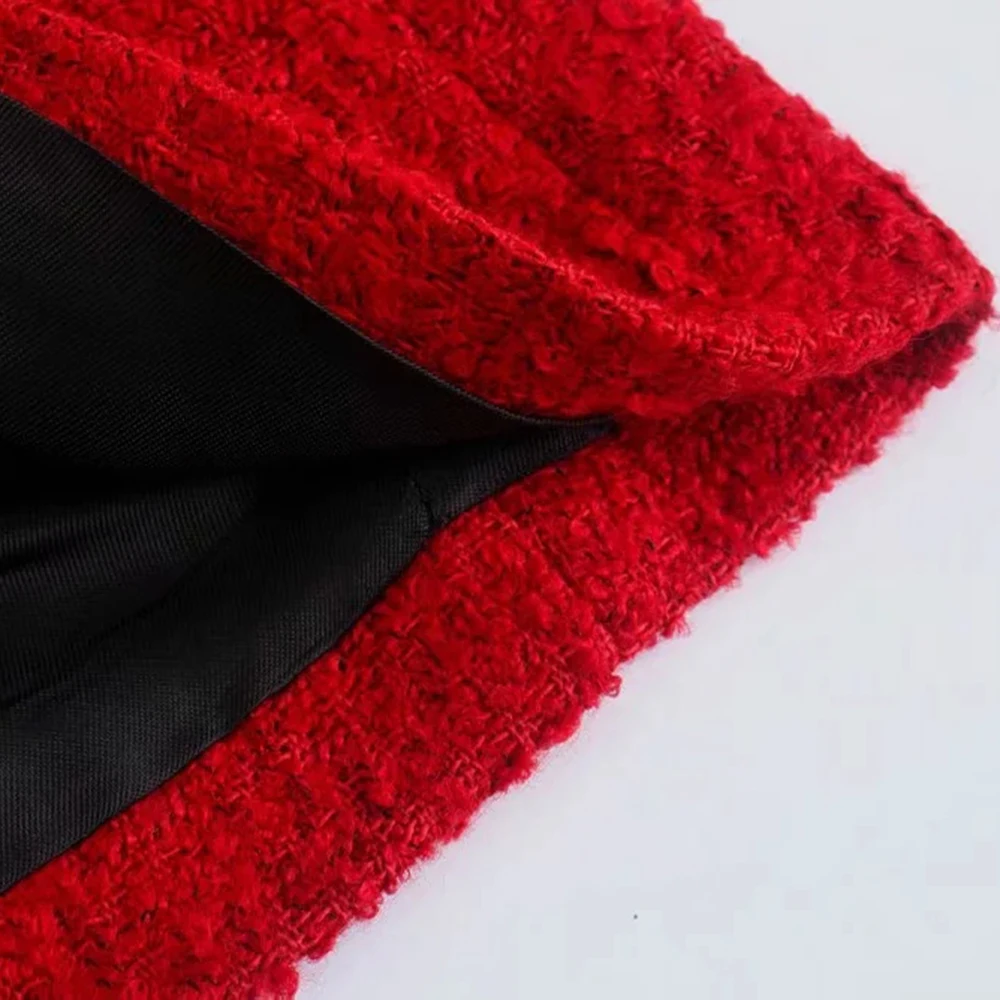 xikom 2021 Tweed Two pieces set Women red Vintage O Neck Long Sleeve Office Lady slim Blazer Coat Female Hight Waist skirt suit