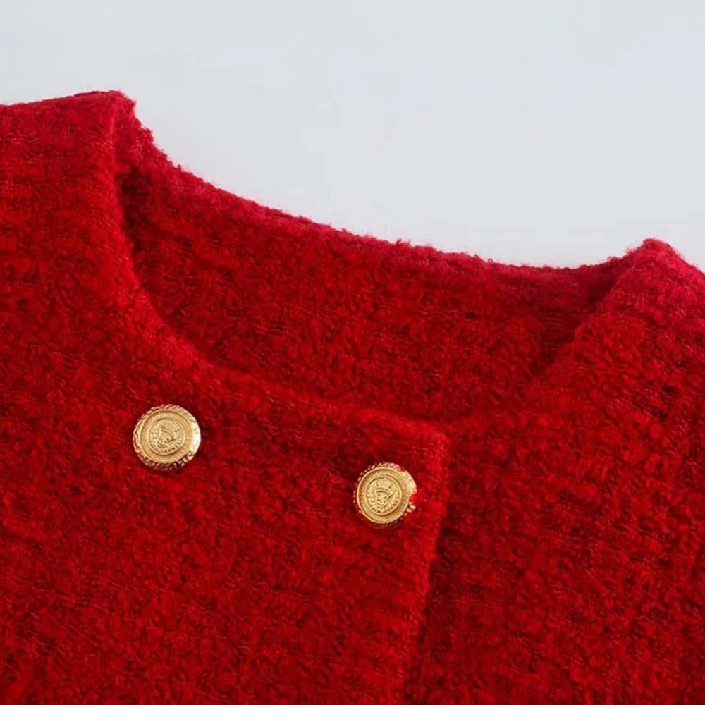 xikom 2021 Tweed Two pieces set Women red Vintage O Neck Long Sleeve Office Lady slim Blazer Coat Female Hight Waist skirt suit