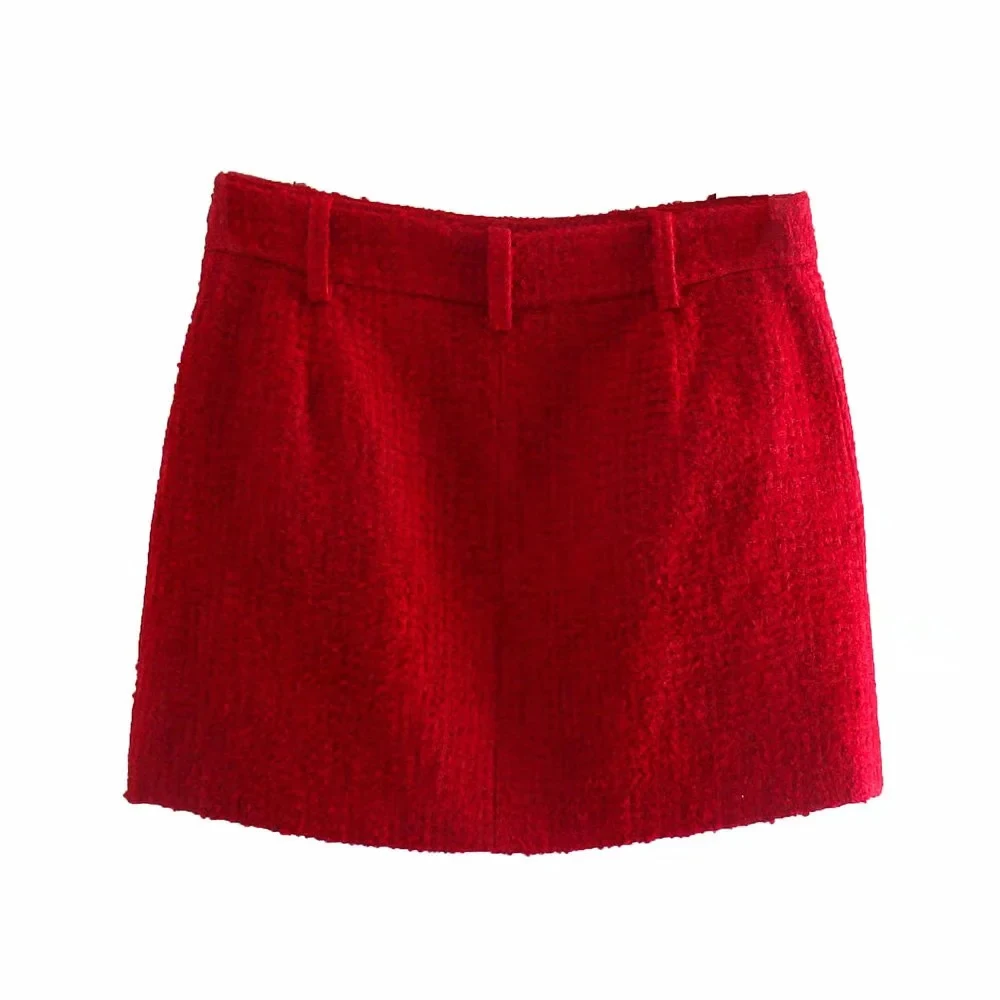 xikom 2021 Tweed Two pieces set Women red Vintage O Neck Long Sleeve Office Lady slim Blazer Coat Female Hight Waist skirt suit