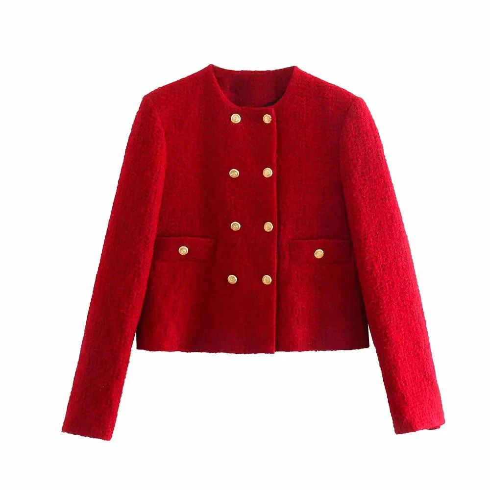 xikom 2021 Tweed Two pieces set Women red Vintage O Neck Long Sleeve Office Lady slim Blazer Coat Female Hight Waist skirt suit