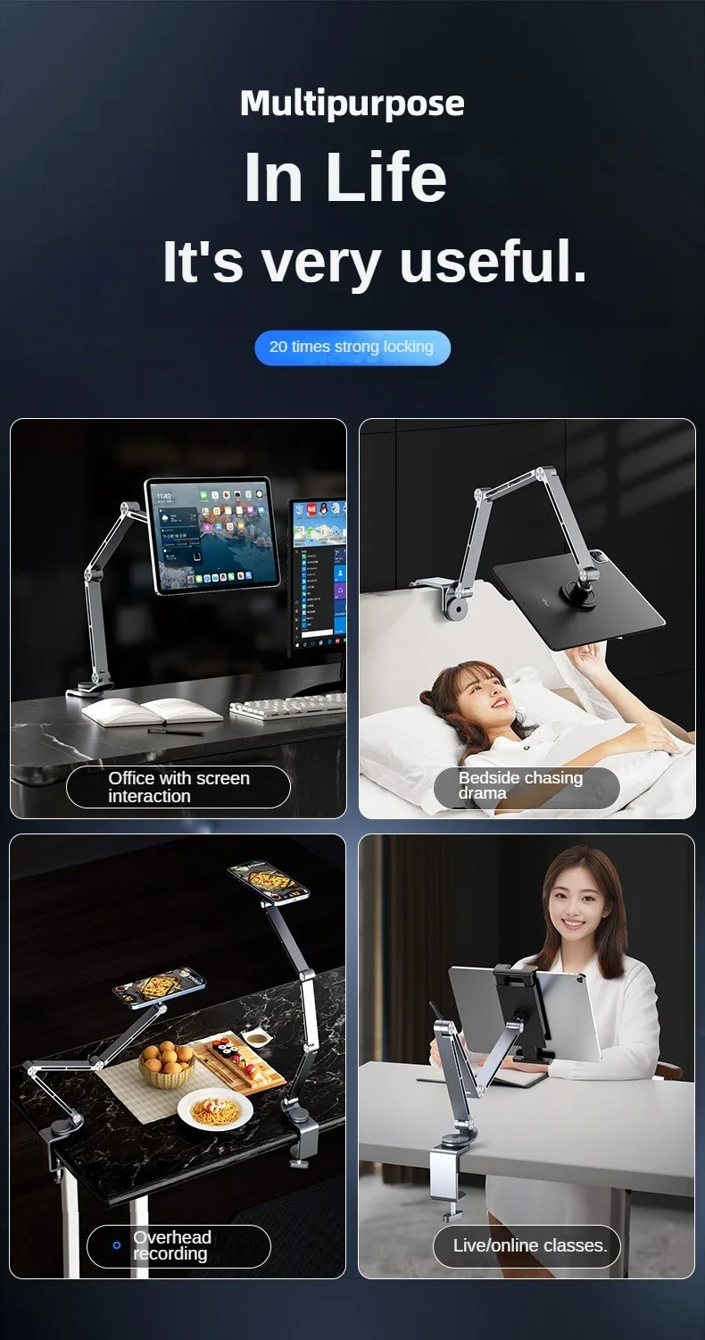Tablet Desk Mount Stand,360° Rotating Adjustable Metal Arms Foldable, Sturdy Bed Mount for 4.7-13.5 Inch iPad and Android