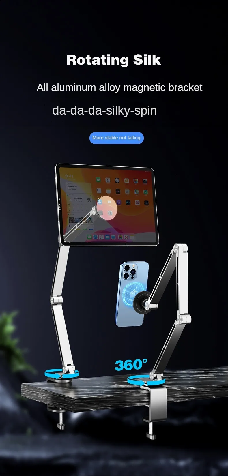 Tablet Desk Mount Stand,360° Rotating Adjustable Metal Arms Foldable, Sturdy Bed Mount for 4.7-13.5 Inch iPad and Android