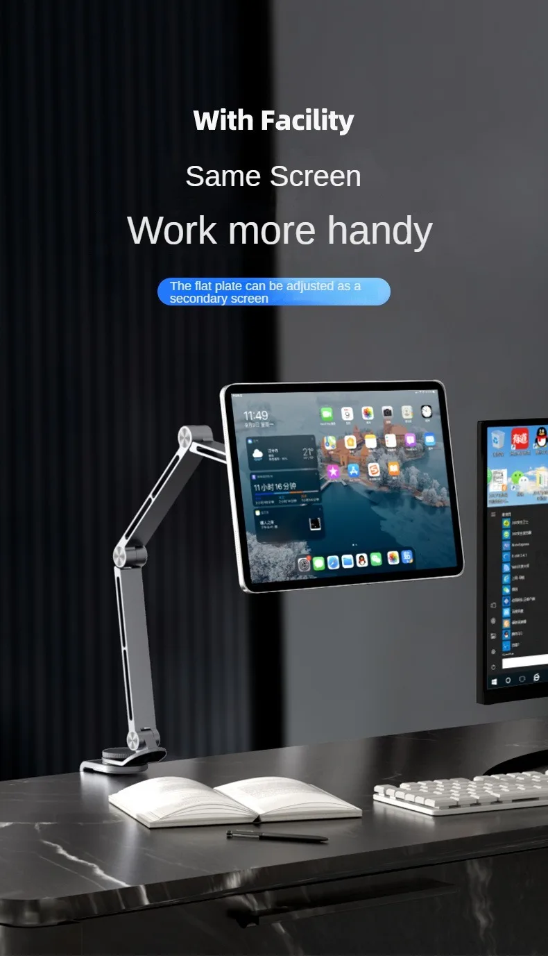 Tablet Desk Mount Stand,360° Rotating Adjustable Metal Arms Foldable, Sturdy Bed Mount for 4.7-13.5 Inch iPad and Android