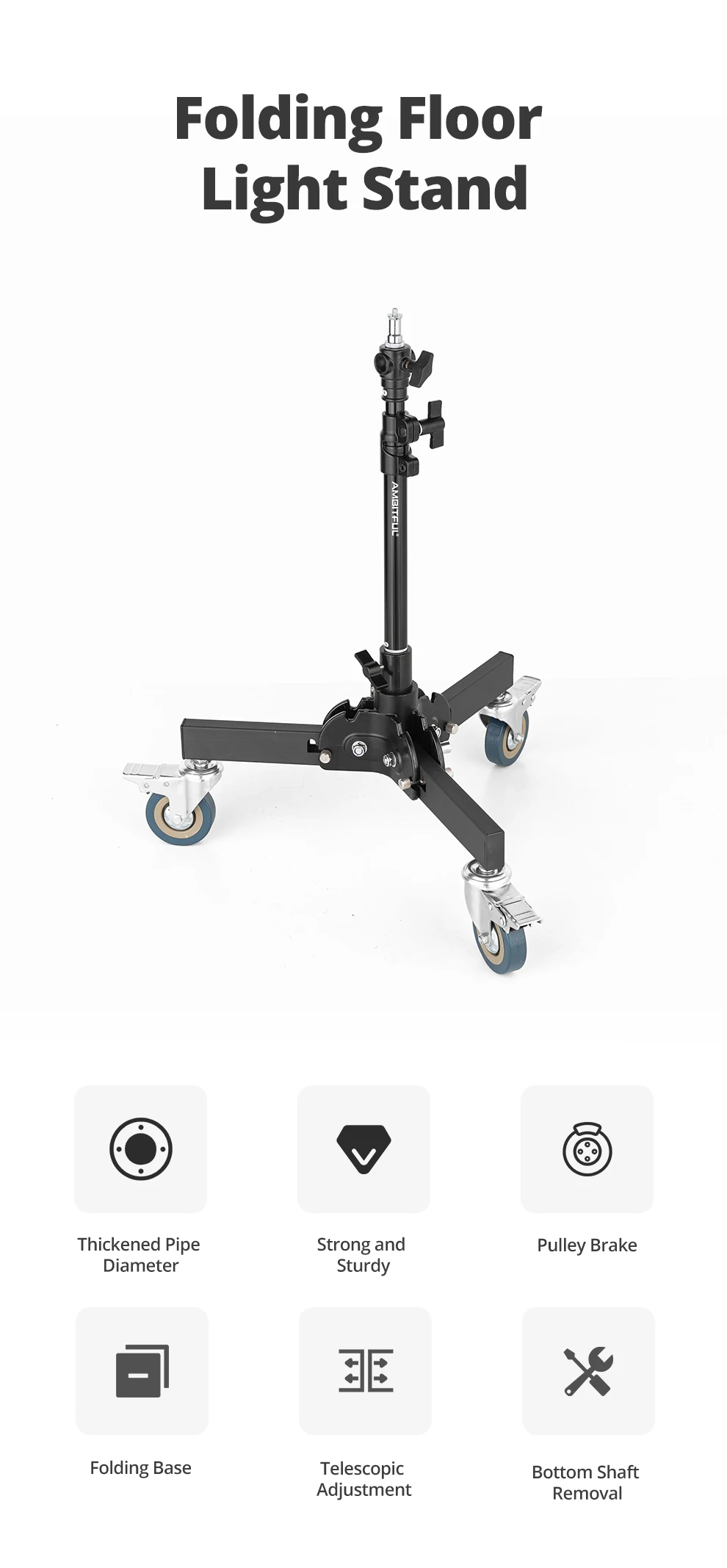 AMBITFUL 93-147cm Heavy Duty Light Stand Studio 61-81cm Wheels Tripod 20KG Max Loaded Studio Floor Light Stand