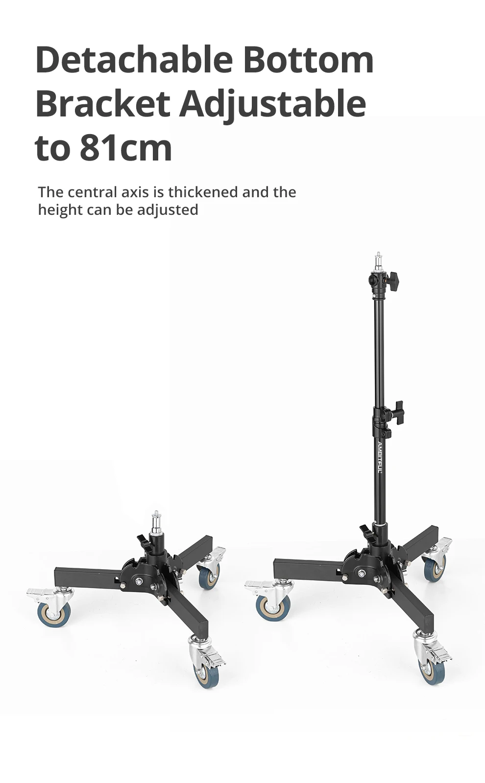 AMBITFUL 93-147cm Heavy Duty Light Stand Studio 61-81cm Wheels Tripod 20KG Max Loaded Studio Floor Light Stand