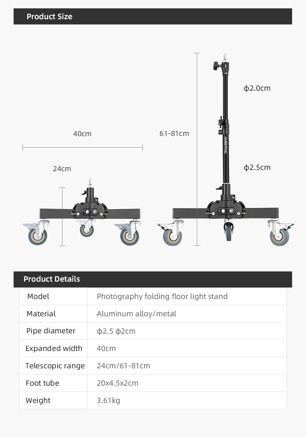 AMBITFUL 93-147cm Heavy Duty Light Stand Studio 61-81cm Wheels Tripod 20KG Max Loaded Studio Floor Light Stand