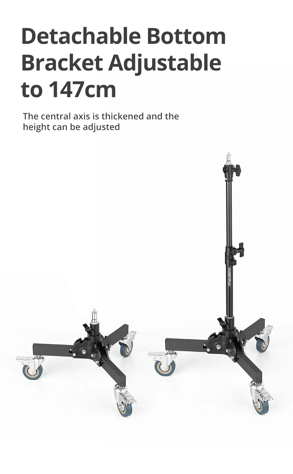 AMBITFUL 93-147cm Heavy Duty Light Stand Studio 61-81cm Wheels Tripod 20KG Max Loaded Studio Floor Light Stand