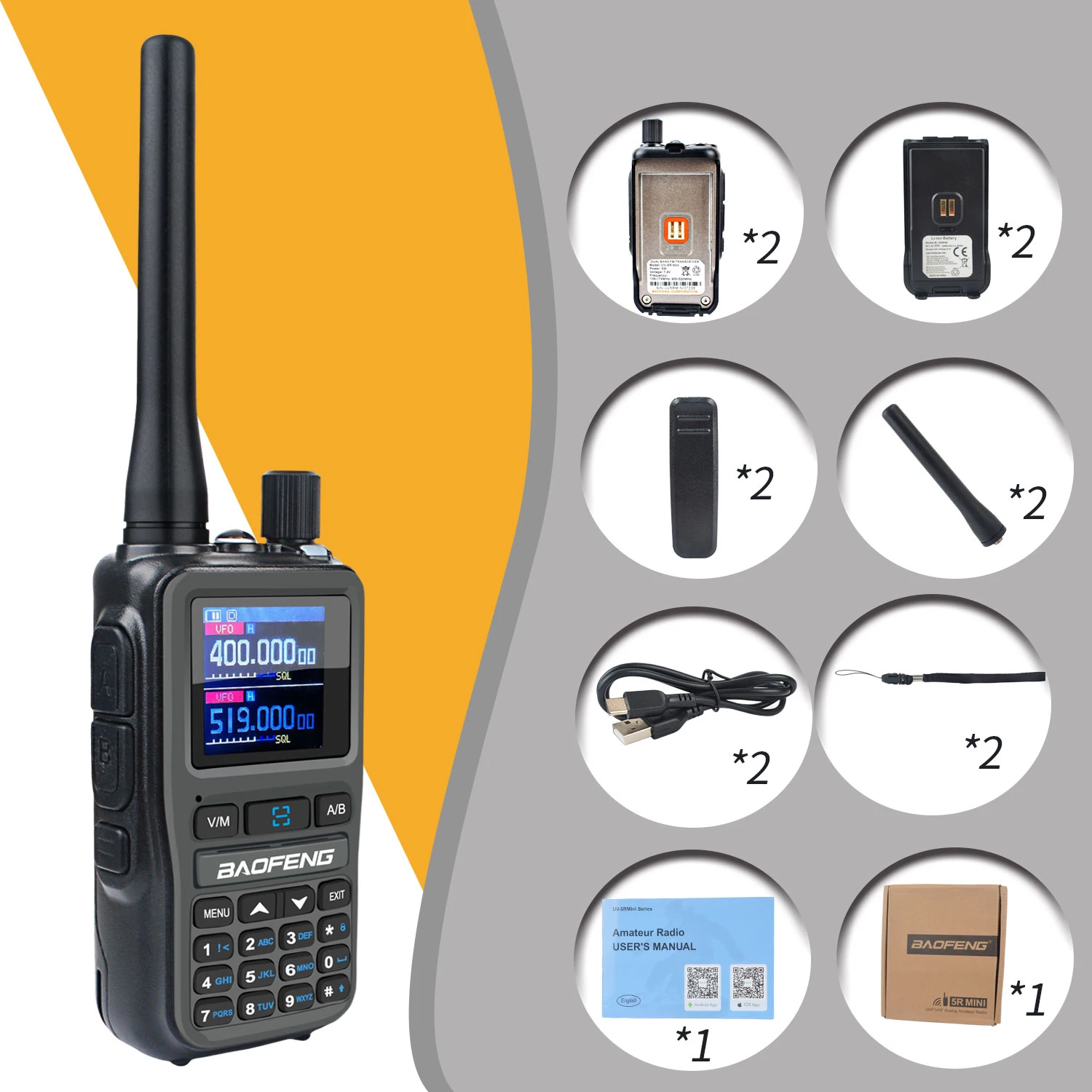 2PCS/Pack Baofeng UV-5R Mini Dual Band Dual PTT Walkie Talkie 5RMINI Air Band Rx 5W Compact VOX FM Amateur Radio Type-C Charge