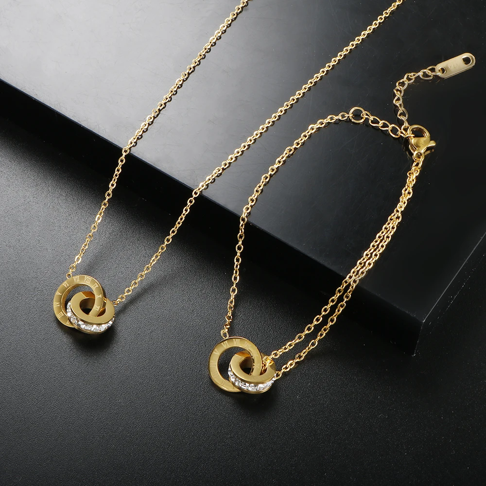 Trendy Roman Numerals Jewelry Set Luxury Round Crystal Gold Color Charm Necklace Earrings Bracelet Stainless Steel For Women New