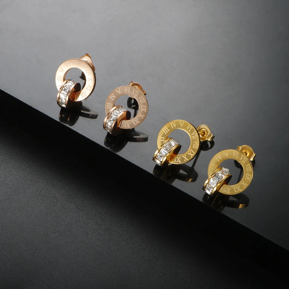Trendy Roman Numerals Jewelry Set Luxury Round Crystal Gold Color Charm Necklace Earrings Bracelet Stainless Steel For Women New