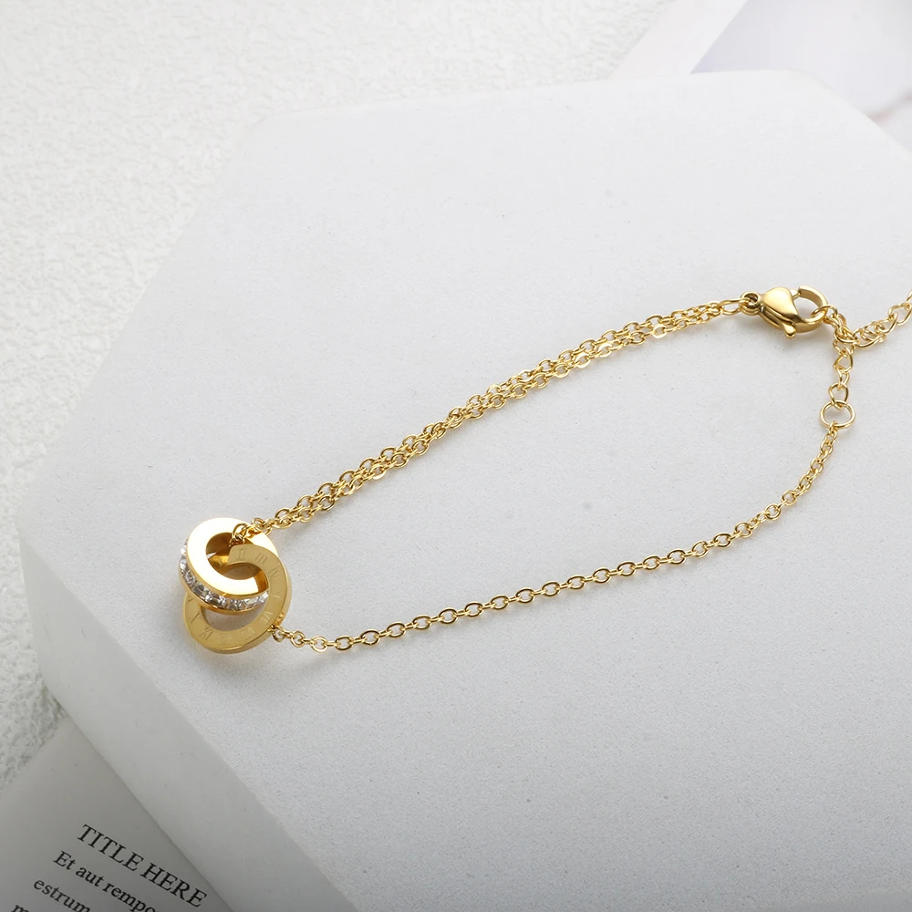 Trendy Roman Numerals Jewelry Set Luxury Round Crystal Gold Color Charm Necklace Earrings Bracelet Stainless Steel For Women New
