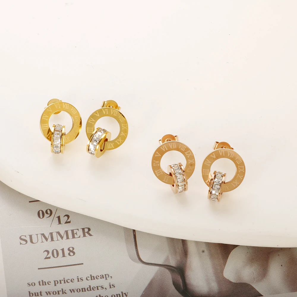 Trendy Roman Numerals Jewelry Set Luxury Round Crystal Gold Color Charm Necklace Earrings Bracelet Stainless Steel For Women New