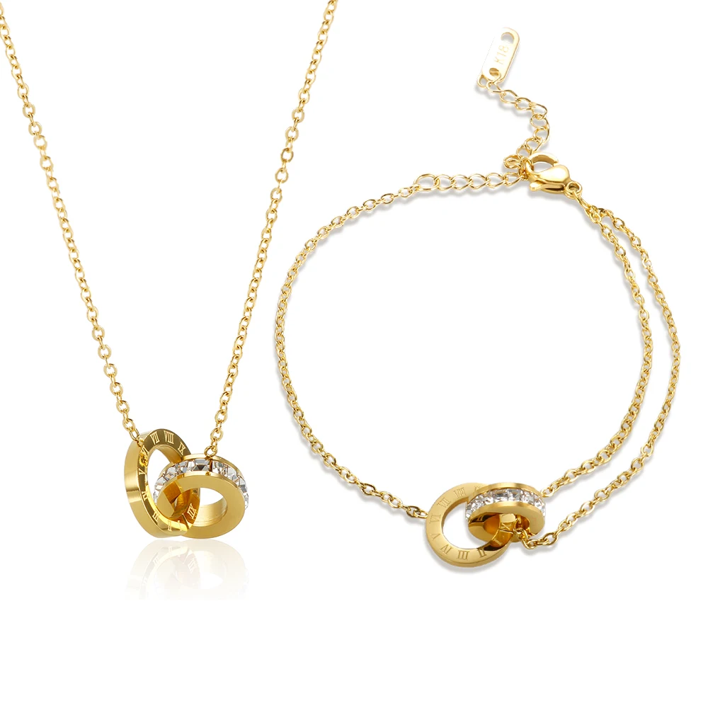 Trendy Roman Numerals Jewelry Set Luxury Round Crystal Gold Color Charm Necklace Earrings Bracelet Stainless Steel For Women New