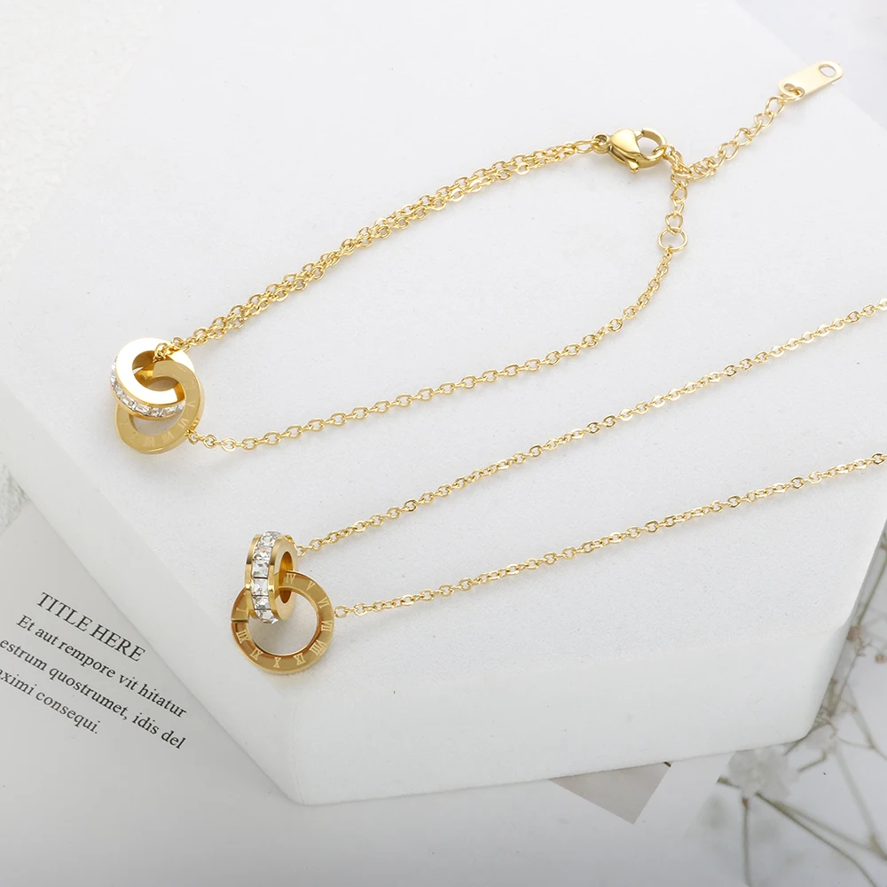 Trendy Roman Numerals Jewelry Set Luxury Round Crystal Gold Color Charm Necklace Earrings Bracelet Stainless Steel For Women New