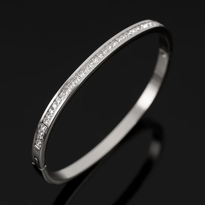 Half CZ Square Crystal Bangle Bracelet Luxury Women Stainless Steel Gold-plated Open Cuff Bracelet For Women's Wedding Jewelry