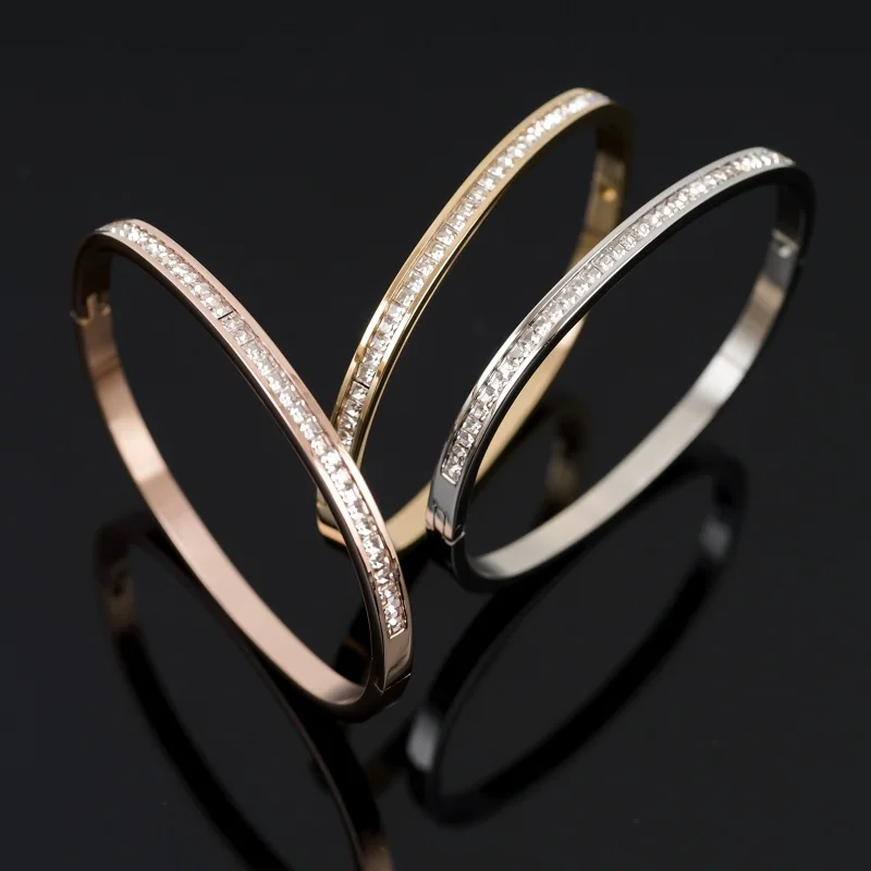 Half CZ Square Crystal Bangle Bracelet Luxury Women Stainless Steel Gold-plated Open Cuff Bracelet For Women's Wedding Jewelry