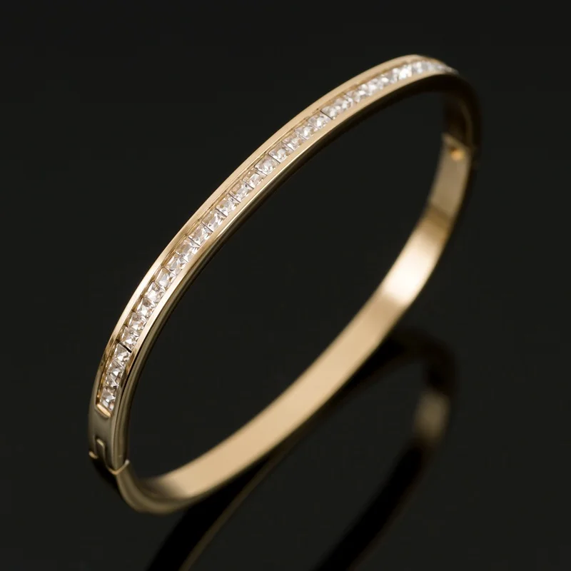 Half CZ Square Crystal Bangle Bracelet Luxury Women Stainless Steel Gold-plated Open Cuff Bracelet For Women's Wedding Jewelry