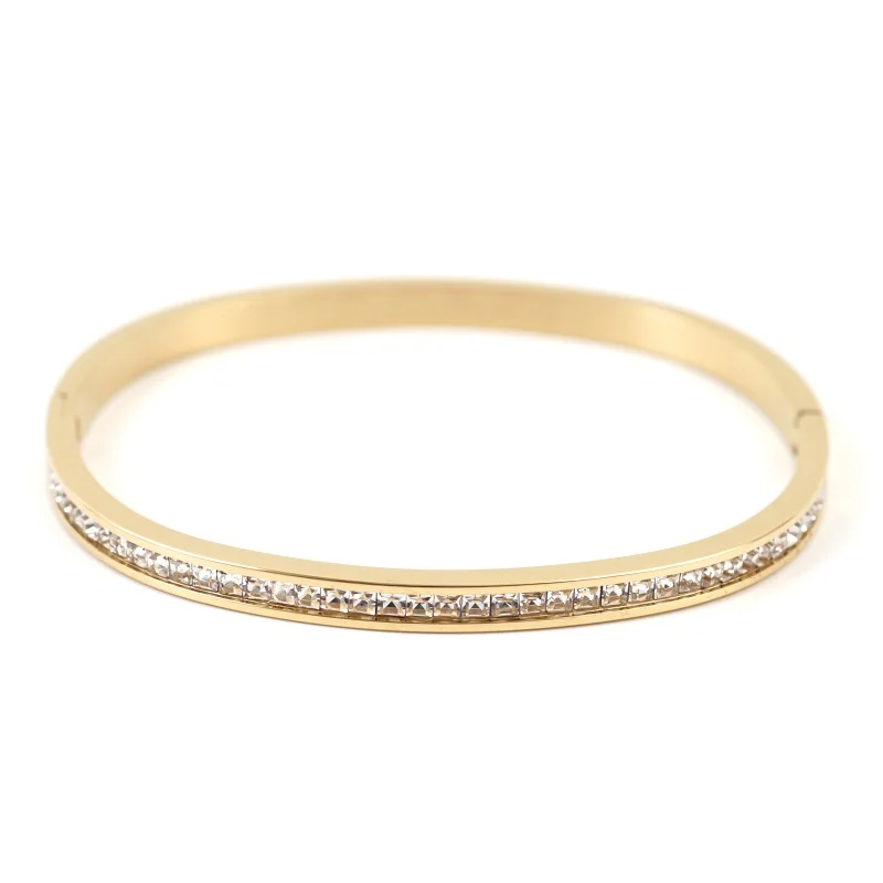 Half CZ Square Crystal Bangle Bracelet Luxury Women Stainless Steel Gold-plated Open Cuff Bracelet For Women's Wedding Jewelry