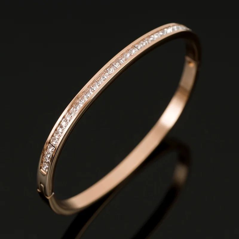 Half CZ Square Crystal Bangle Bracelet Luxury Women Stainless Steel Gold-plated Open Cuff Bracelet For Women's Wedding Jewelry