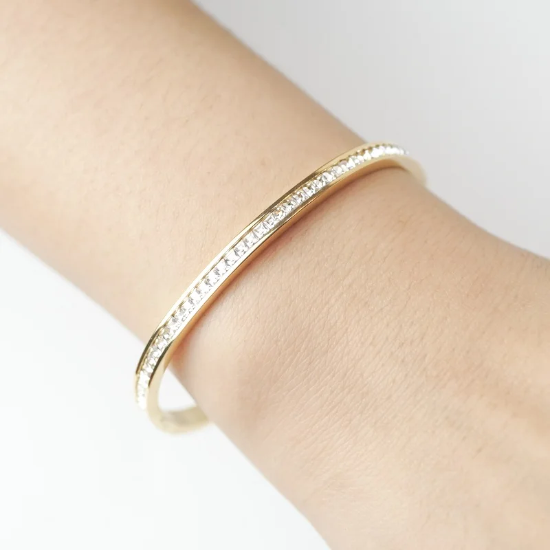 Half CZ Square Crystal Bangle Bracelet Luxury Women Stainless Steel Gold-plated Open Cuff Bracelet For Women's Wedding Jewelry