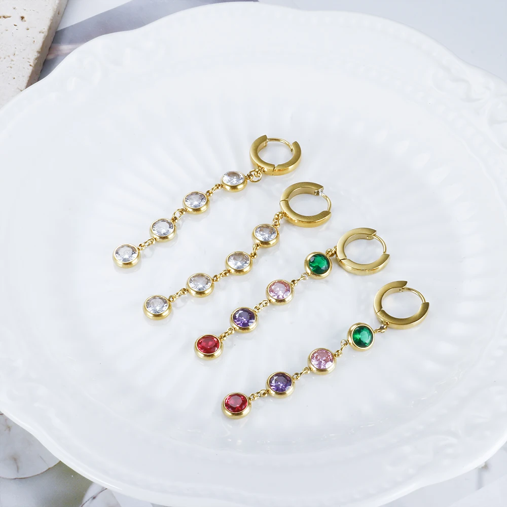Jovo Love Stainless Steel Tassel Cubic Zirconia Long Hoop Earrings for Women Colorful Crystal Stone Stylish Earrings Jewelry