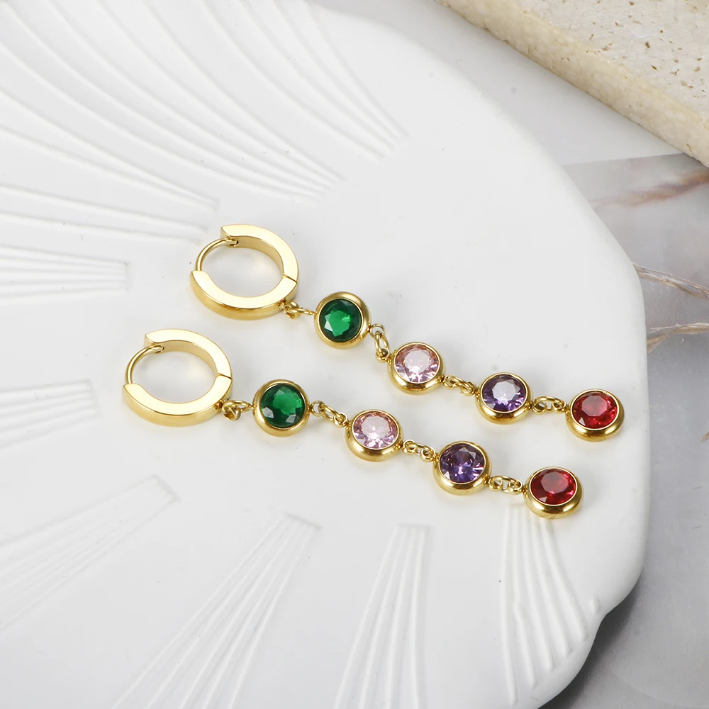 Jovo Love Stainless Steel Tassel Cubic Zirconia Long Hoop Earrings for Women Colorful Crystal Stone Stylish Earrings Jewelry