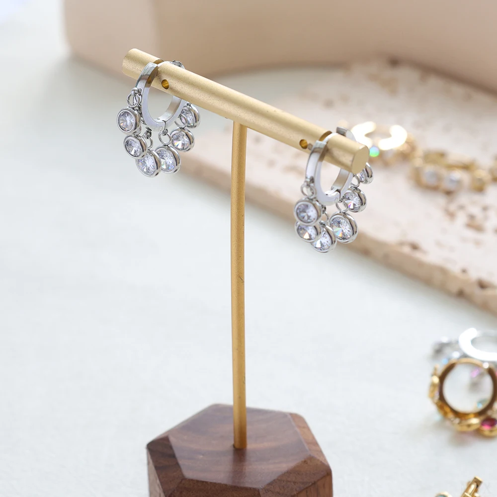 JOVO LOVE Elegant Colorful Cubic Zirconia Stainless Steel Earrings Women Cute Sweet Tassel Small Ear Buckle Temperament Jewelry