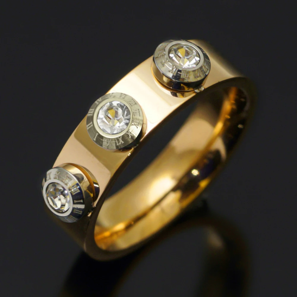 Stainless Steel Roman elements CZ Crystal Jewelry Classic Gold Color Rings For Women Men Wedding Party Jewelry
