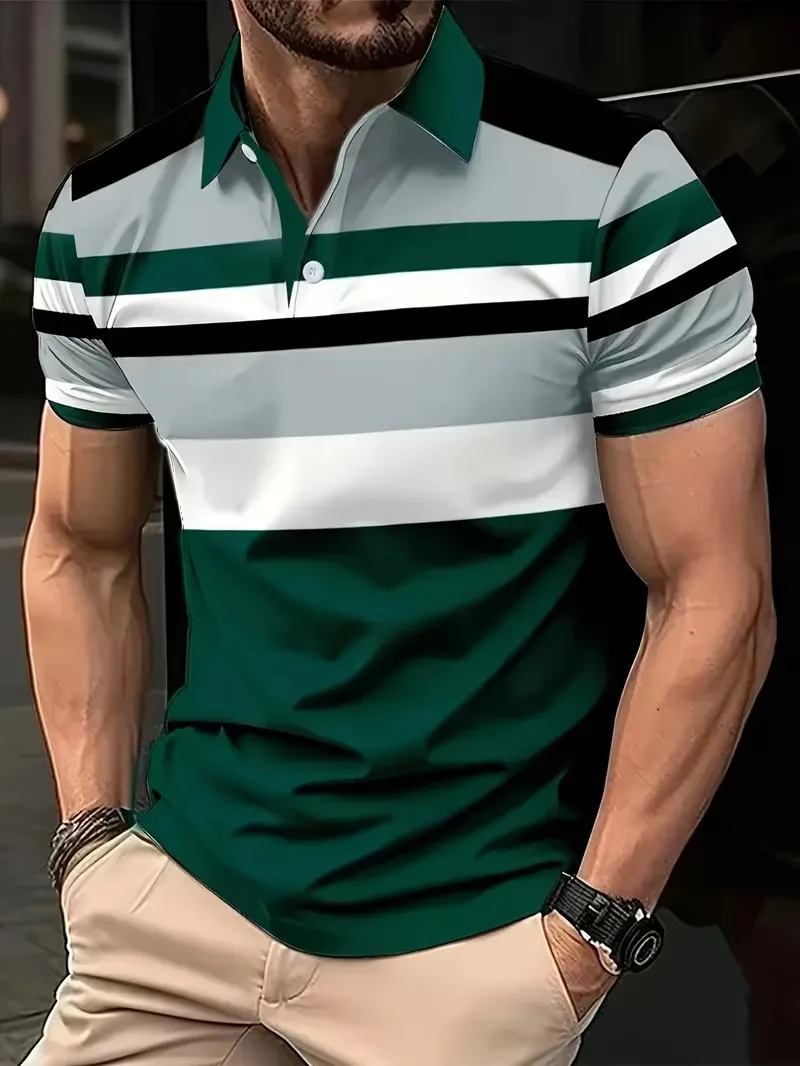 Men's Summer Short Sleeve Polo Shirts, Classic Striped Print Sporty Top, Fashionable Lapel Button-Up Men's Polo Shirts