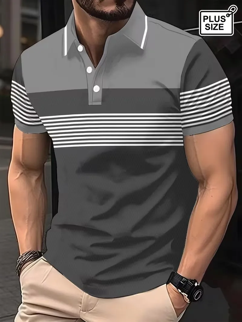 Men's Summer Short Sleeve Polo Shirts, Classic Striped Print Sporty Top, Fashionable Lapel Button-Up Men's Polo Shirts