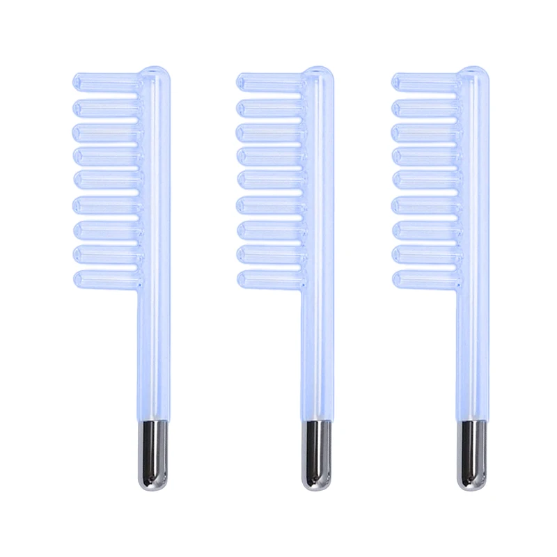 3PCS Hair Comb Dandruff Removal Glass Smoothes Hair Comb Shaped Probe For High Frequency Electrotherapy Instrument Purple Light