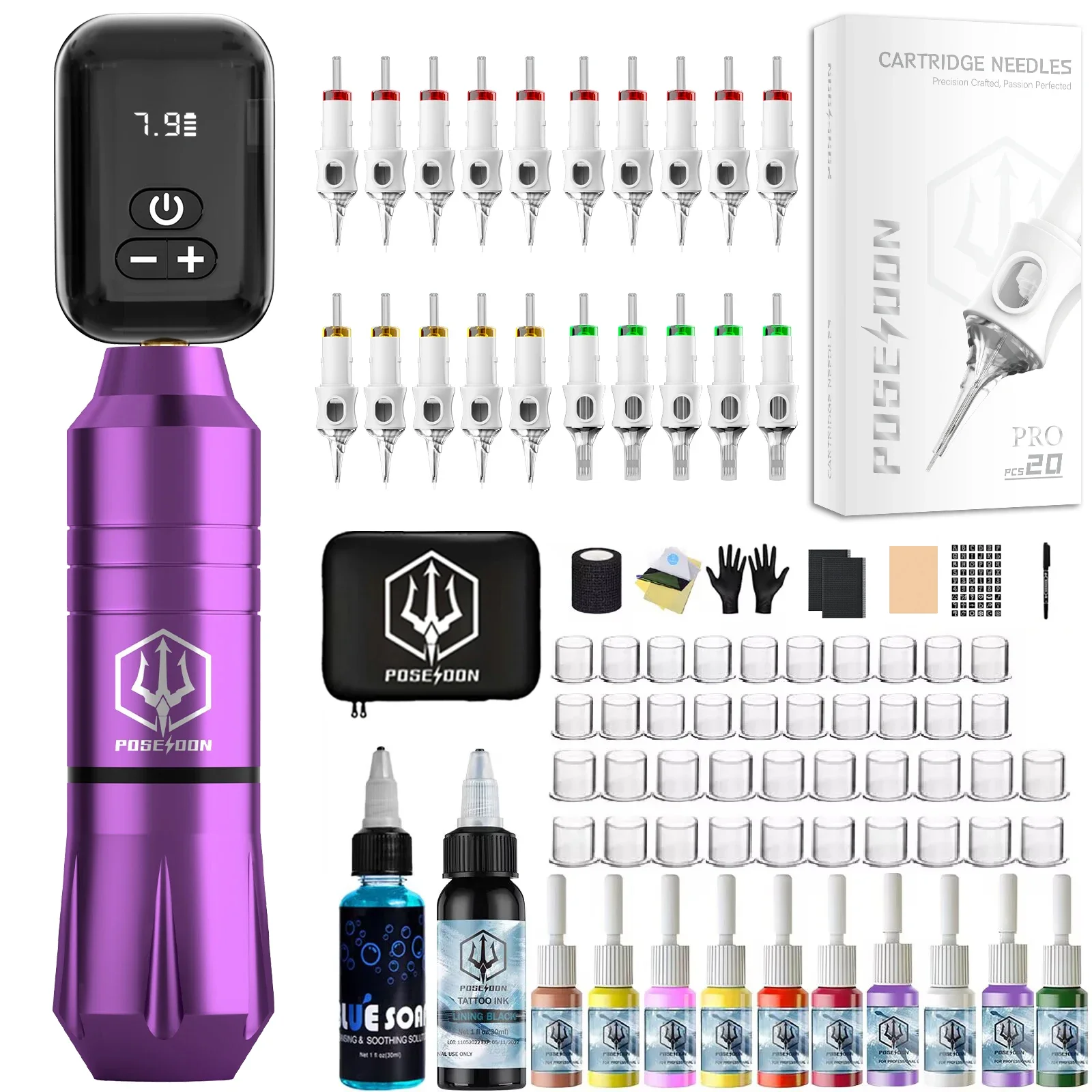 POSEIDON Tattoo Kit 20 V6 Tattoo Needles Tattoo Pen Kit For Permanent Makeup Tattoo Machine Kit Purple Wireless Tattoo Gun Kit