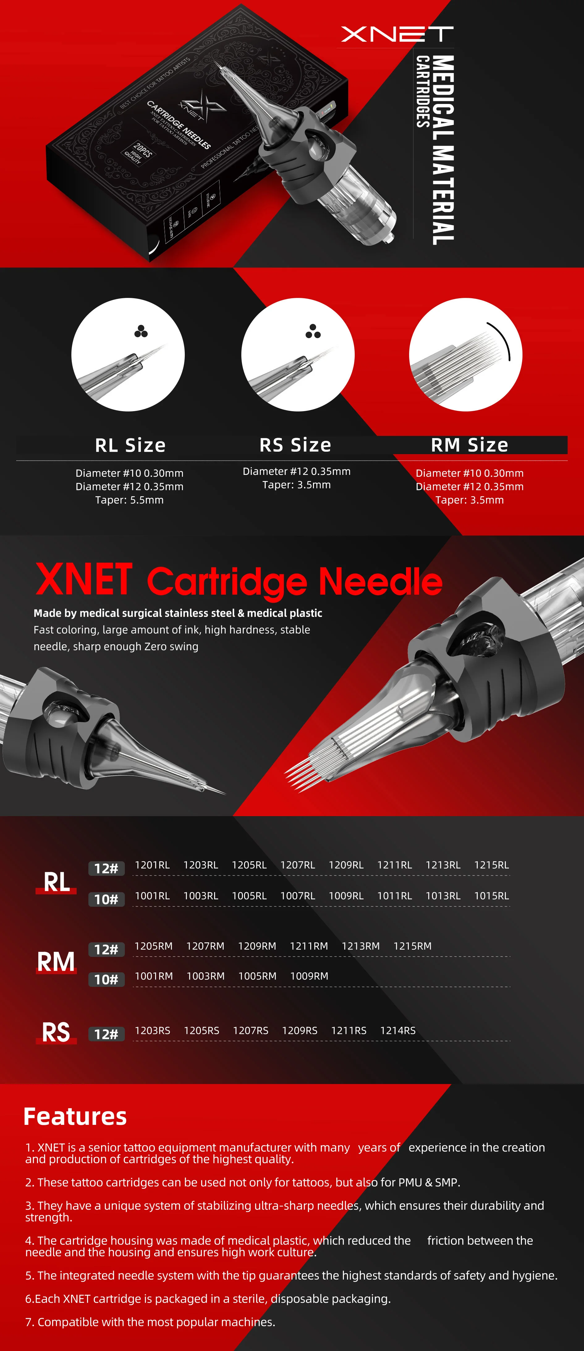 XNET Aurora Cartridge Tattoo Needles RL/RM/RS Disposable Silicone Sterilized Safety Tattoo Needles for Tattoo Machine Grip 20pcs
