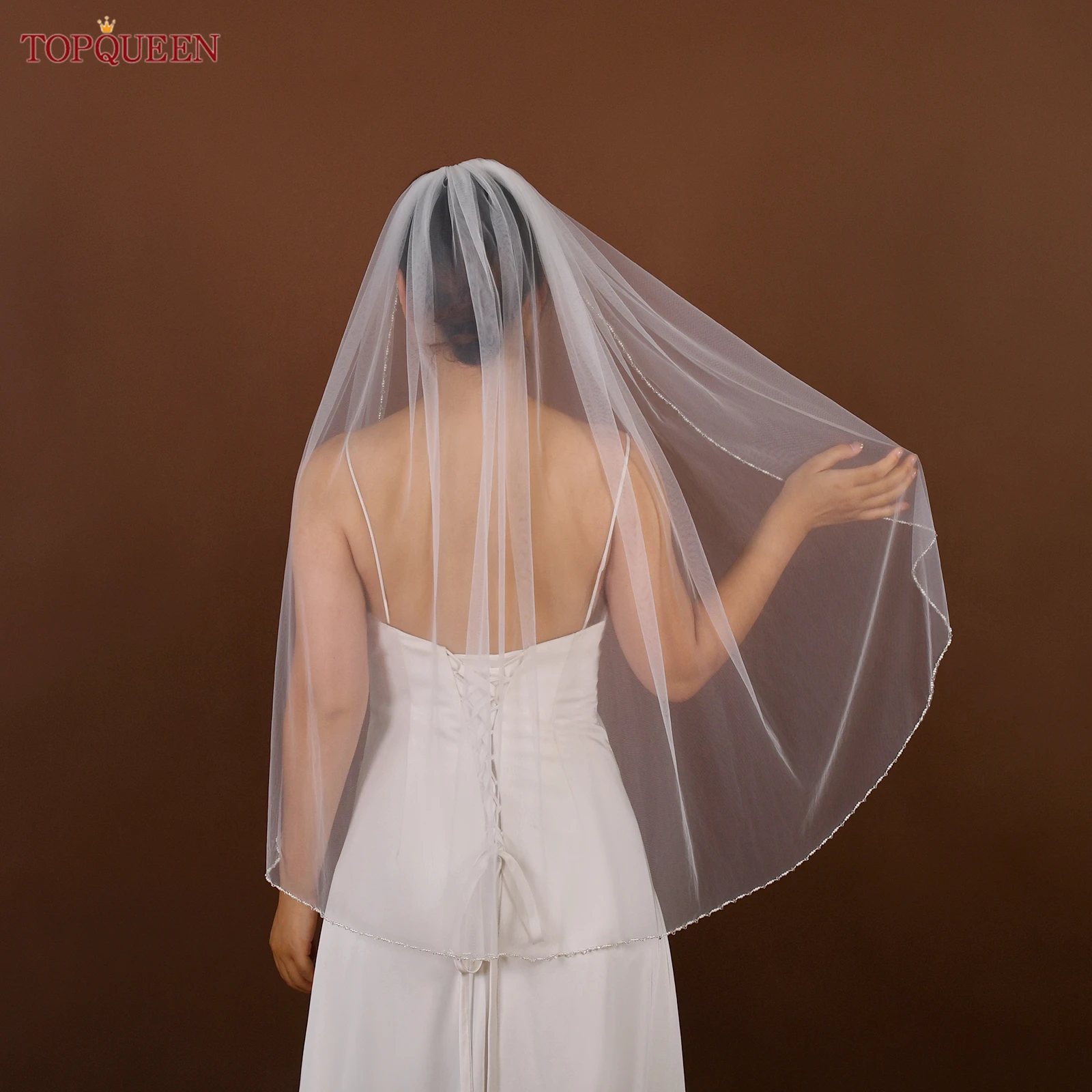 TOPQUEEN V107 Cathedral Bridal Wedding Veil Crystal Beaded Veil With Crystal Edge 1 Layer Soft Wedding Accessories Customizable