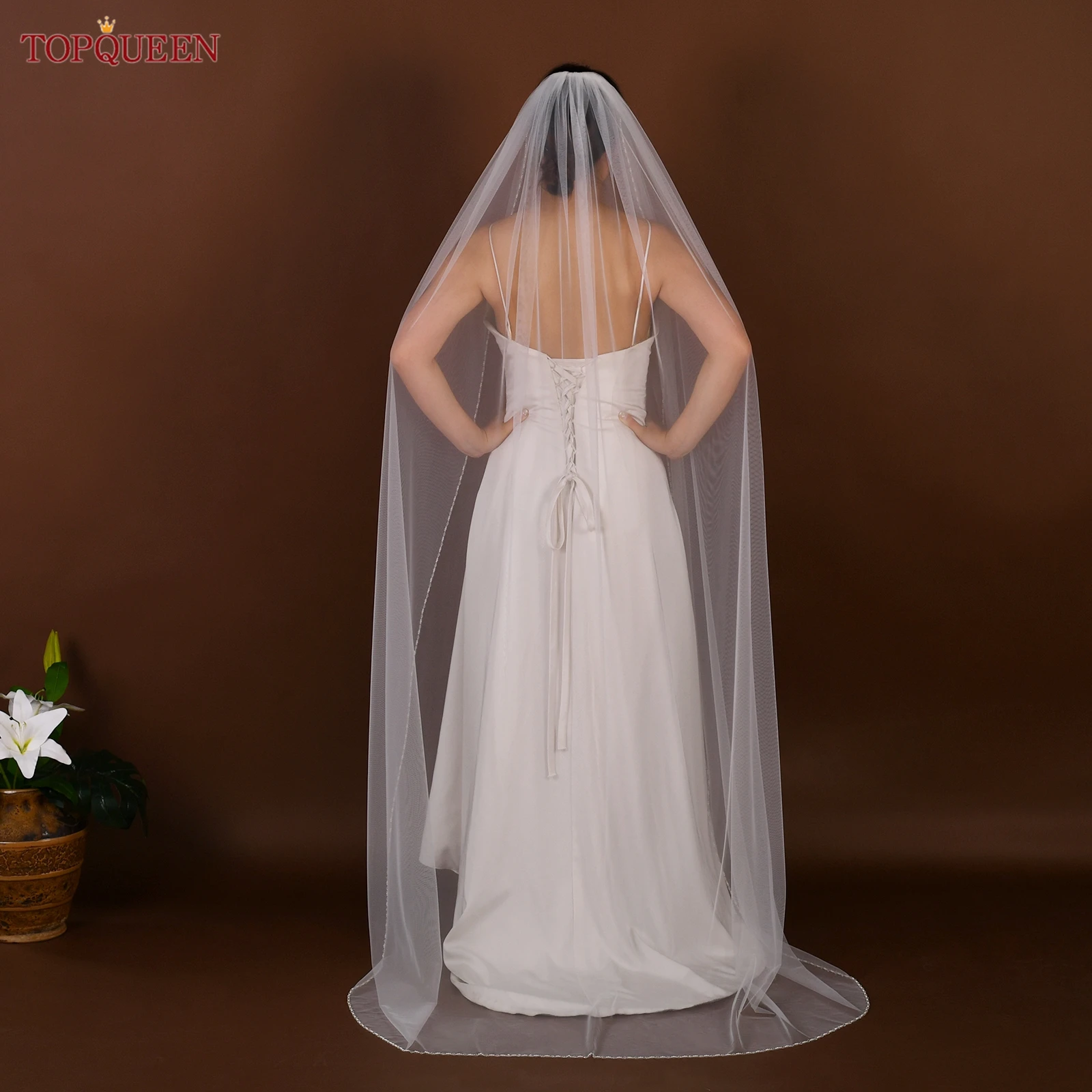 TOPQUEEN V107 Cathedral Bridal Wedding Veil Crystal Beaded Veil With Crystal Edge 1 Layer Soft Wedding Accessories Customizable