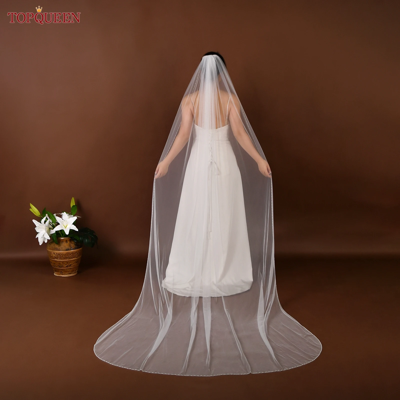 TOPQUEEN V107 Cathedral Bridal Wedding Veil Crystal Beaded Veil With Crystal Edge 1 Layer Soft Wedding Accessories Customizable