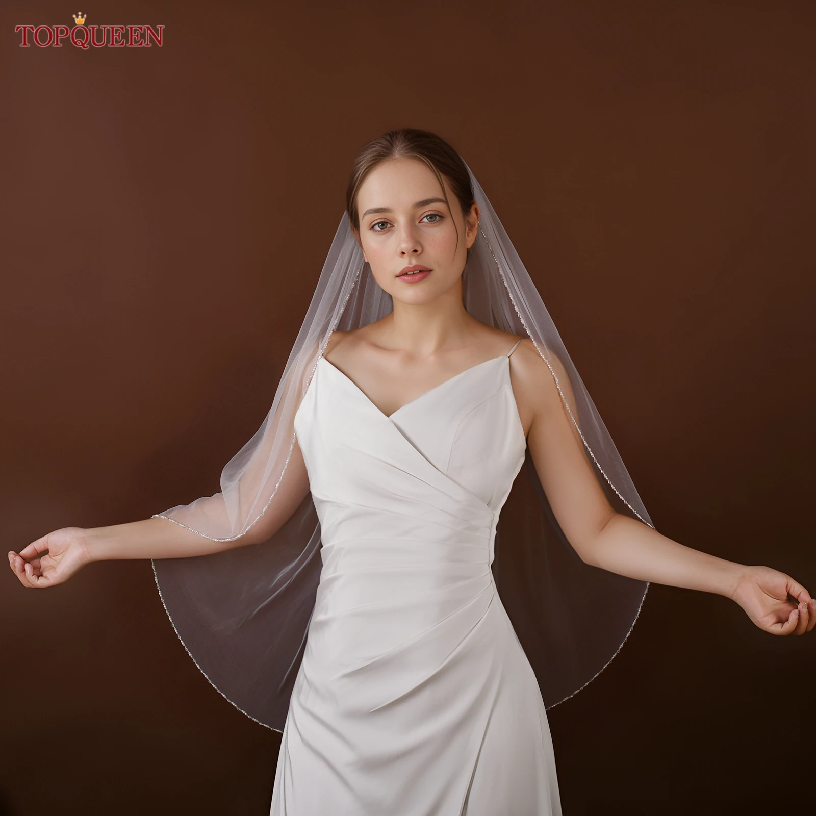 TOPQUEEN V107 Cathedral Bridal Wedding Veil Crystal Beaded Veil With Crystal Edge 1 Layer Soft Wedding Accessories Customizable