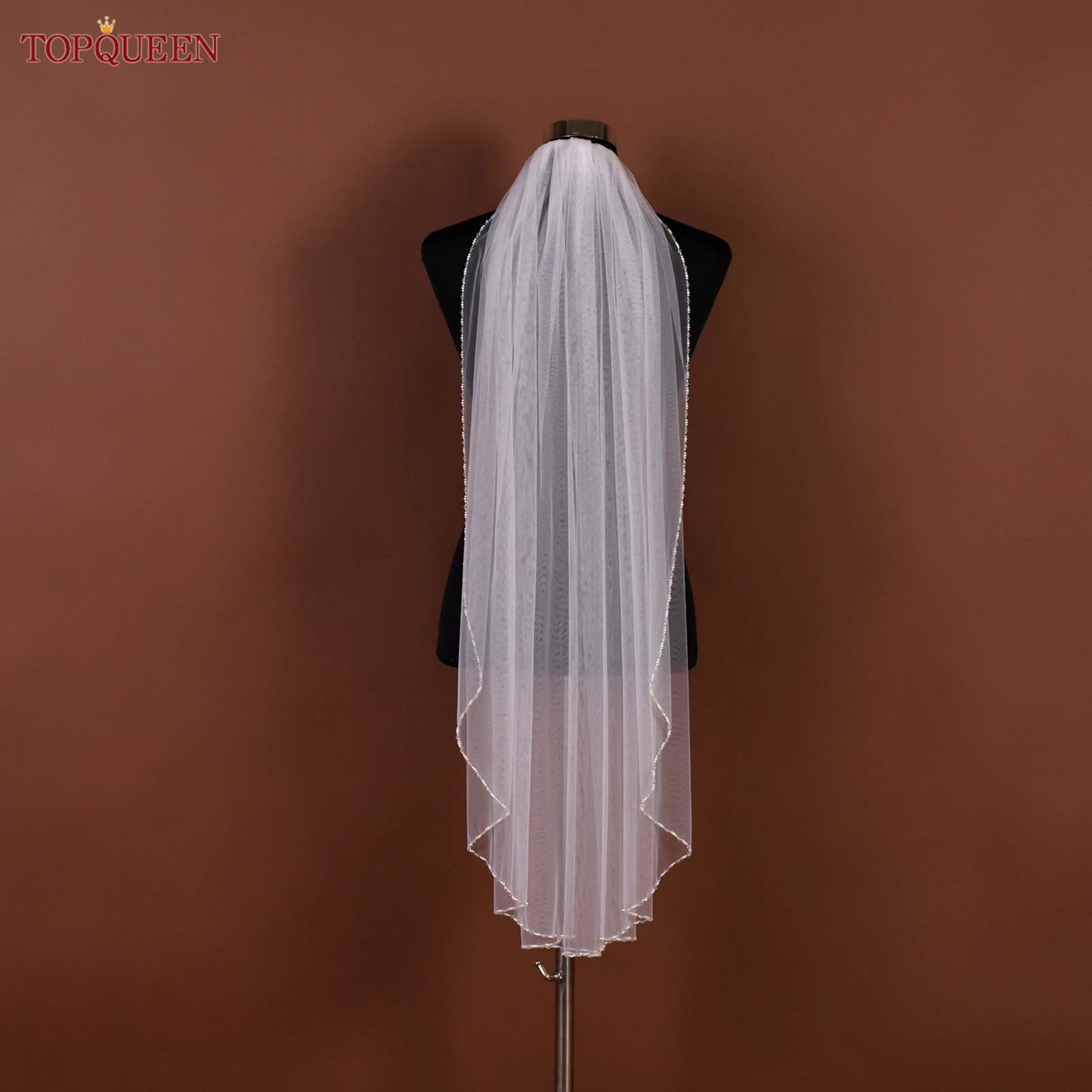TOPQUEEN V107 Cathedral Bridal Wedding Veil Crystal Beaded Veil With Crystal Edge 1 Layer Soft Wedding Accessories Customizable