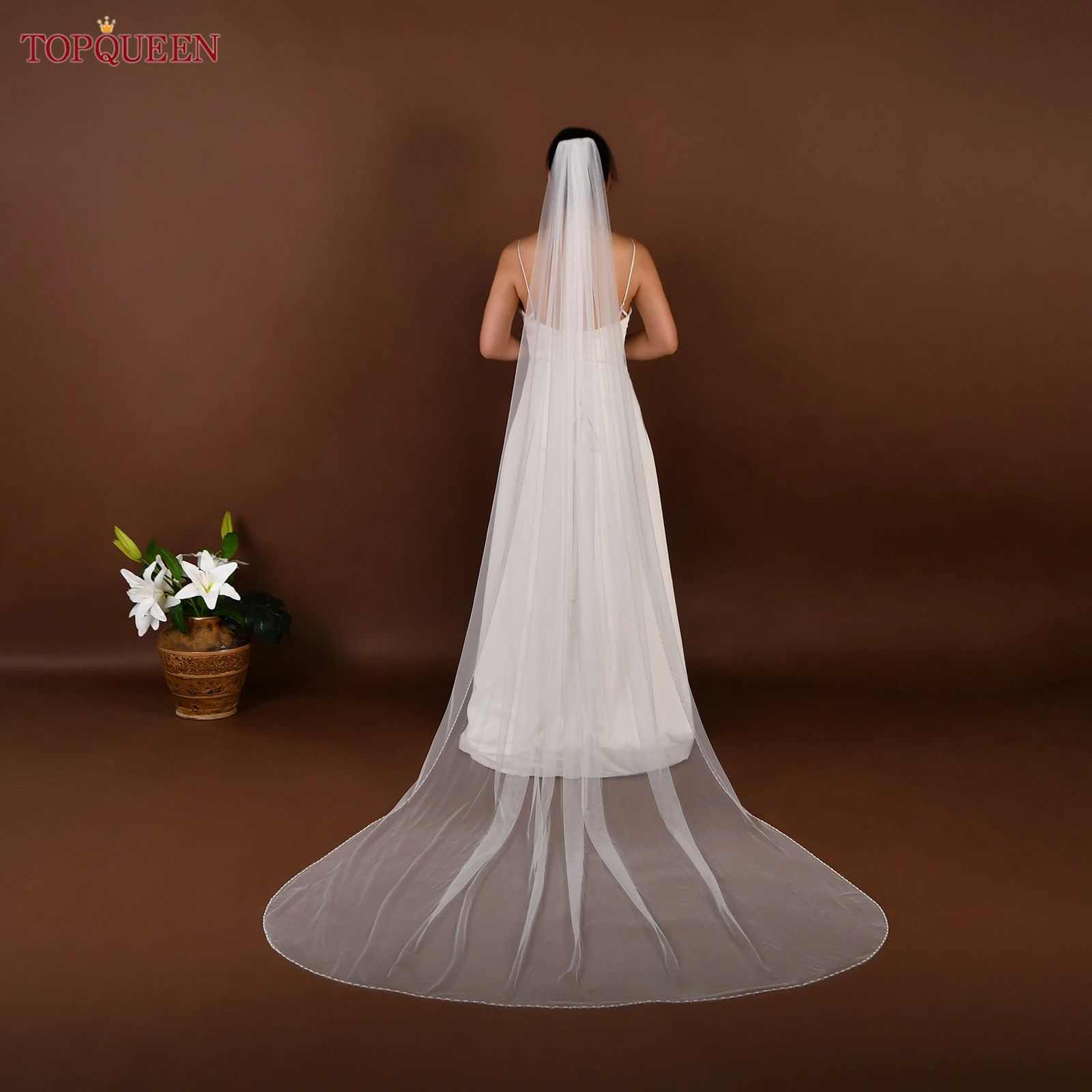 TOPQUEEN V107 Cathedral Bridal Wedding Veil Crystal Beaded Veil With Crystal Edge 1 Layer Soft Wedding Accessories Customizable