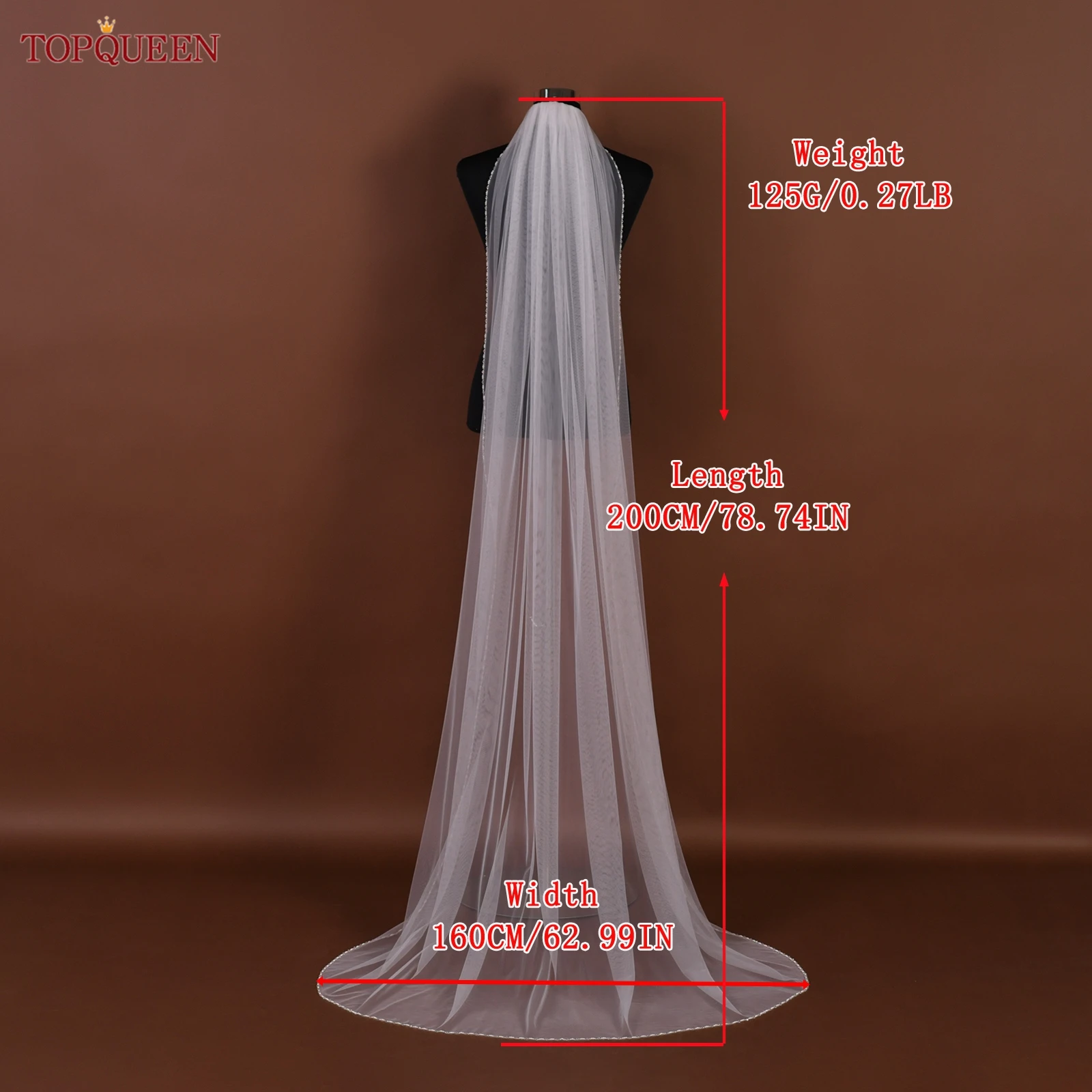 TOPQUEEN V107 Cathedral Bridal Wedding Veil Crystal Beaded Veil With Crystal Edge 1 Layer Soft Wedding Accessories Customizable