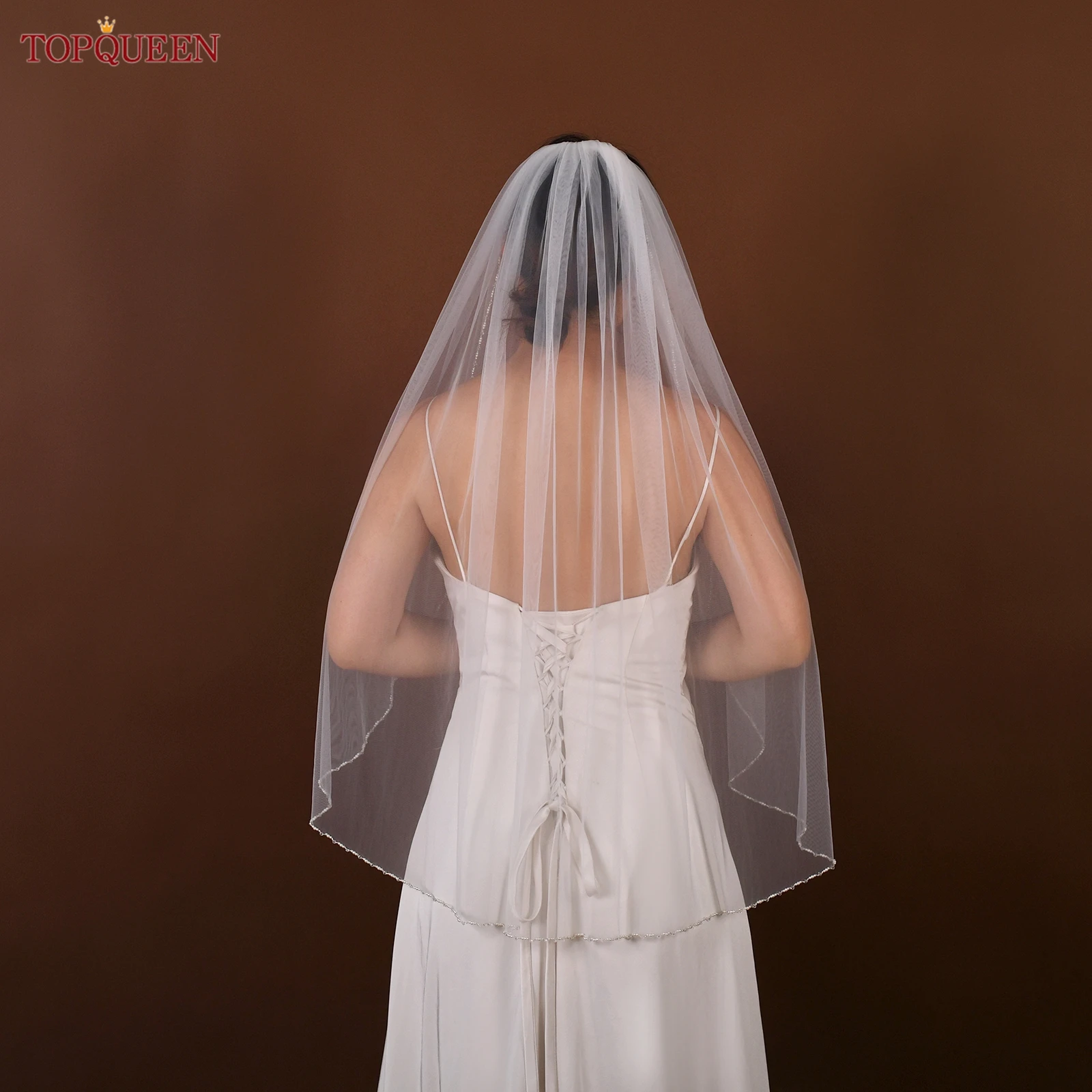 TOPQUEEN V107 Cathedral Bridal Wedding Veil Crystal Beaded Veil With Crystal Edge 1 Layer Soft Wedding Accessories Customizable